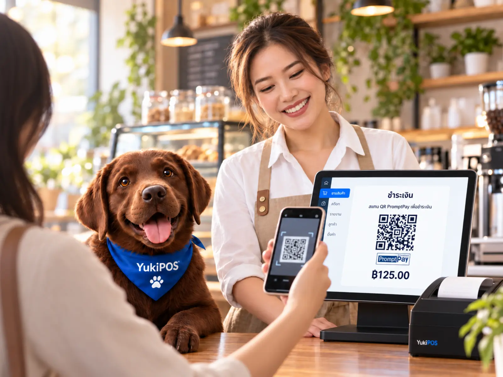 ลูกค้าสแกน PromptPay QR ที่ YukiPOS สร้างตามยอดบิล